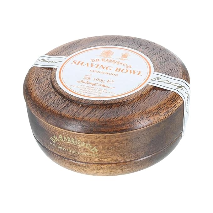 D R Harris Wooden Shaving Bowl + Soap 100g-Sandalwood-Mahogany effect