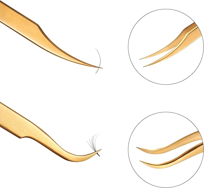 Lash Tweezers for Eyelash Extension, Hand Calibrated Dolphin-shaped and Curved Tip Eyelash Tweezers eyelash tweezers, False Lash Application Tools, Lash extension tweezers gold (Pack of 2, Gold)
