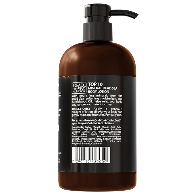 Dead Sea Collection Top 10 Men's Body Lotion – Sandalwood Oil and Dead Sea Minerals - Maximum Hydration Nourishing Moisturizing Lotion for Men - 16.9 Fl Oz Bottle