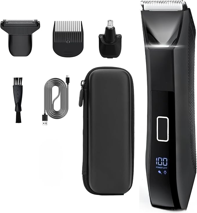 Three-in-One Waterproof Wet/Dry Groomer with Travel Case and Travel Lock, Black, LED Display, Ball Foil Shaver, Nose Hair Clippers, and Groin & Body Hair Trimmer by Paradise Bliss, Black