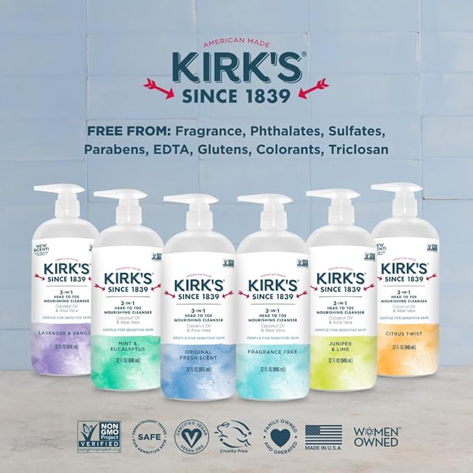 Kirk's 3-in-1 Head to Toe Nourishing Liquid Cleanser- for Men, Women & Children - Premium Coconut Oil & Aloe Vera- Non GMO & Vegan -Original Fresh Scent - 32 Fl Oz