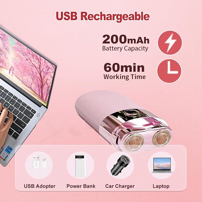Facial Hair Removal for Women, Portable Painless Lady Shaver with Built-in LED, Wet/Dry Electric Razor Hair Remover Device for Face/Lips/Peach/Fuzz