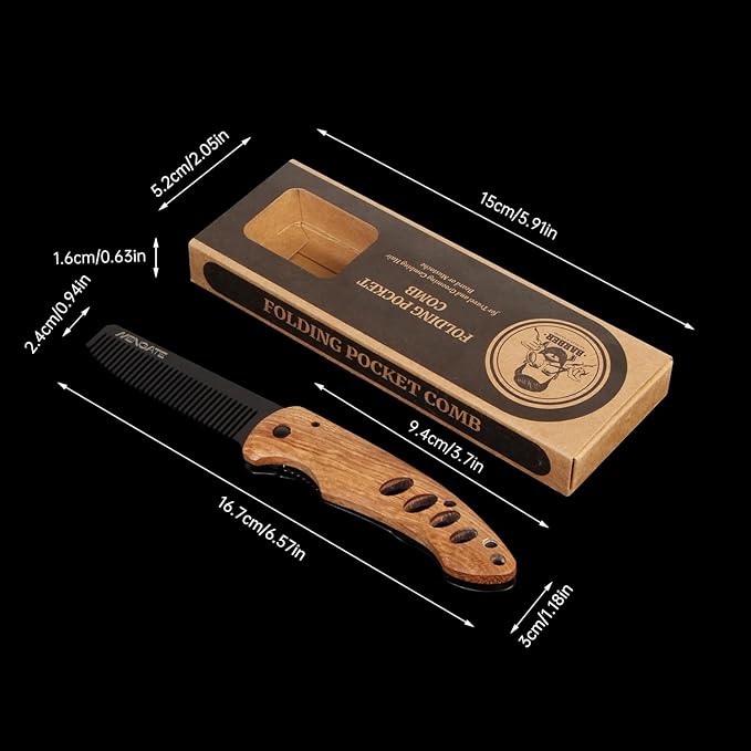 1PC Small Folding Pocket Beard & Mustache & Hair Styling Comb for Men - Metal Tactical Grooming Tool with Wooden Handle for Travel & Home Use - Idea for Stocking Stuffers - Length 6.57inch - Black