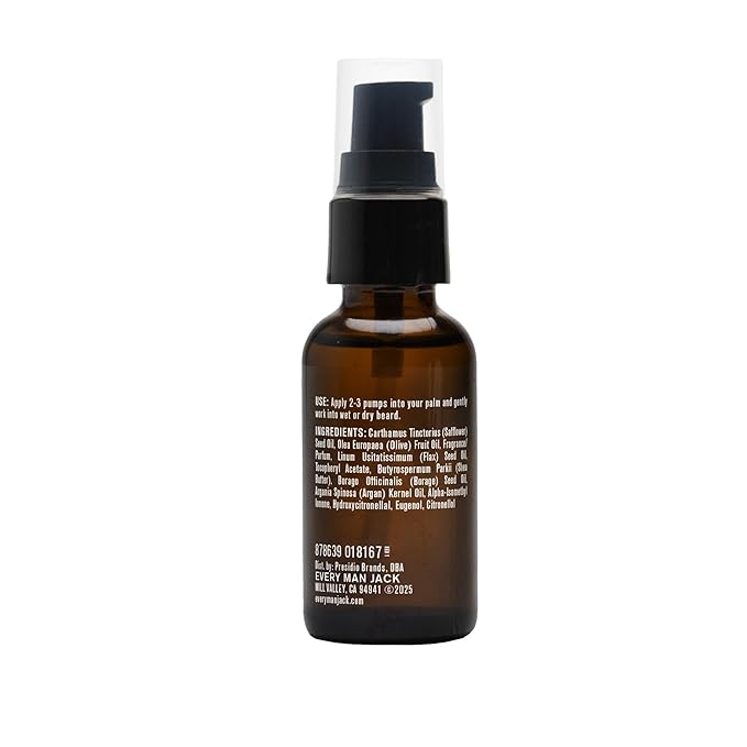 Every Man Jack Mens Beard Oil - Vanilla + Cedar Fragrance - Deeply Moisturizes and Softens Your Beard and Adds a Natural Shine - Naturally Derived with Shea Butter and Argan Oil - 1 fl oz