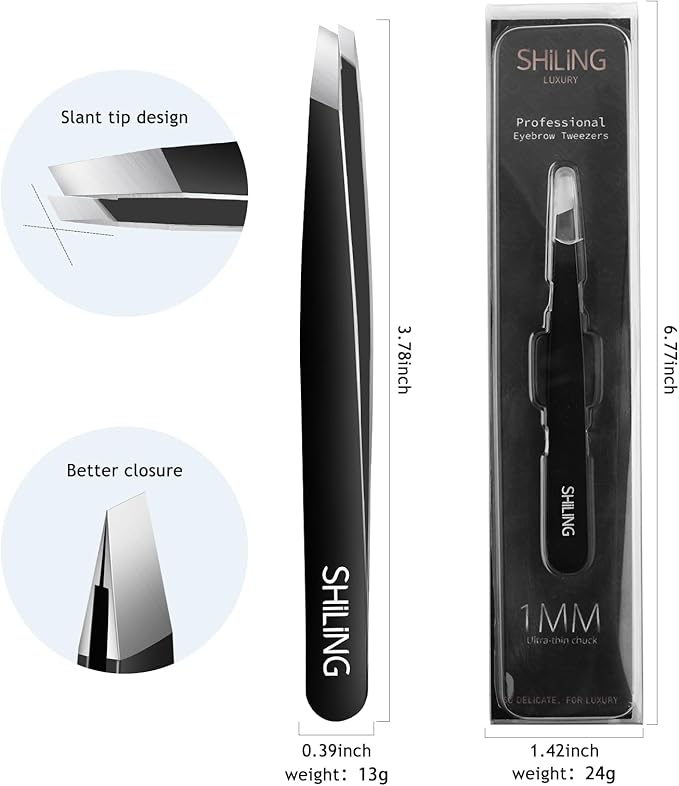 Shiling Professional Eyebrow Tweezers, Black, Stainless Steel, 1mm Ultra-Thin Tip, Anti-Rust Coating, Precision Slanted Design for Facial Hair Removal