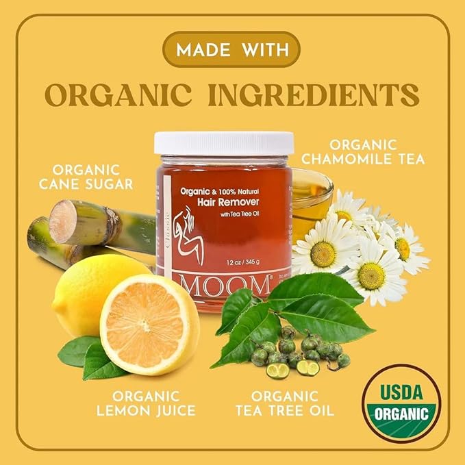 MOOM Organic Sugar Wax with Tea Tree Oil (12 oz) + 48 Reusable Polycotton Waxing Strips – Gentle Hair Removal Kit for Face, Bikini, Legs & Body – Natural & Vegan for Women & Men (Sticks NOT Included)