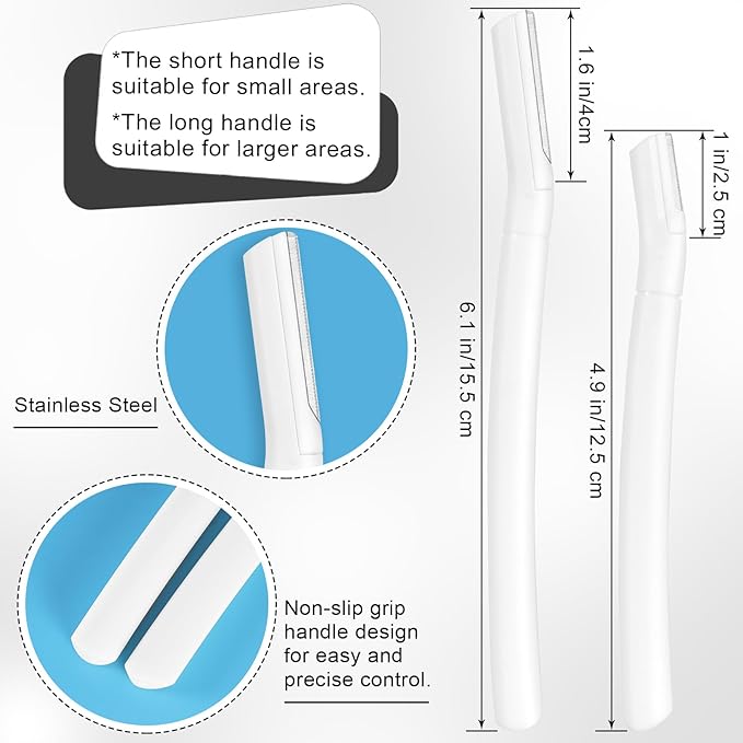 6 PCS White Eyebrow Razor Set, Face Razor for Women and Men, Multipurpose Dermaplaning Tool, Eyebrow Hair Trimmer, Face Shaver with Protective Cover, 3 Pcs Long Handles and 3 Pcs Short Handles