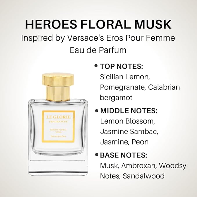 Inspired by V*rsace's Eros Pour Femme Eau de Parfum, Heroes Floral Musk EDP, Long Lasting 12-14 Hours Perfume Spray for Women, All Skin Types, Cruelty Free - 0.33 oz 10 ml