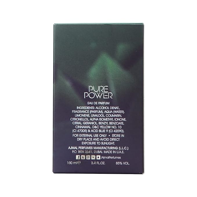 Ajmal Pure Power Eau de Parfum 3.4 oz / 100 ml for Men | Fresh Spicy Woody Fragrance with Citrus, Lavender & Tonka | Long-Lasting Luxury Scent from Dubai