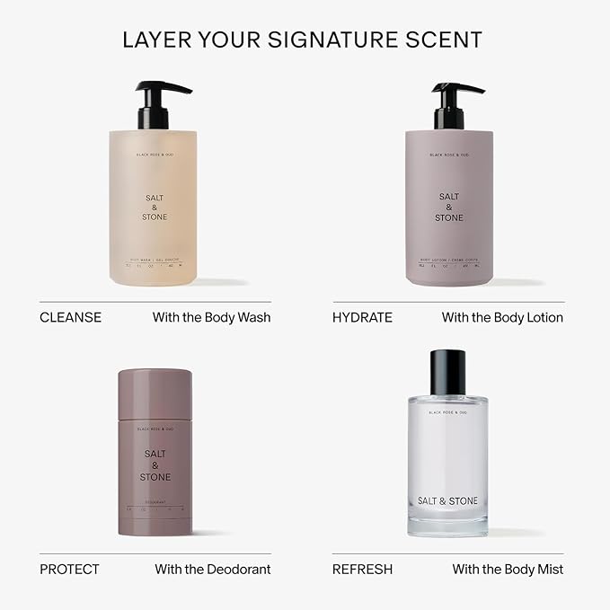 Salt & Stone Body Mist, Black Rose & Oud Scent, Skincare Infused Hair & Body Spray for Women and Men, Hydrating Fragrance with Glycerin and Red Algae, Vegan, Cruelty Free, 3.4 fl oz