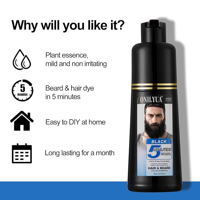 Men's Black Beard Dye, Black Hair Dye for Gray Hair Coverage, 3 in 1 Hair Dye Shampoo, Mustache & Beard Dye for Men, Quick & Easy to Use at Home, Long Lasting Beard Color for Men 200ML