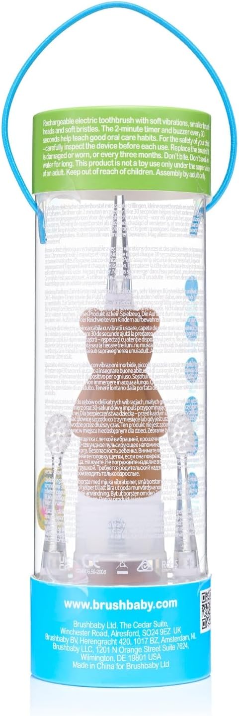 BrushBaby - WildOnes - Kids Rechargeable Electric Toothbrush, Ages 0-10 - Bear Design with Flashing Lights - DeepClean Bristles for Superior Cleaning - 2 Replacement Brush Heads, 1 USB Cable