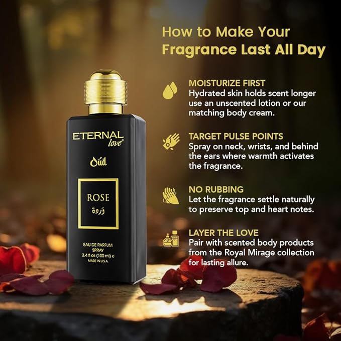 Eternal Love Rose Oud - Long Lasting Unisex Eau de Parfum - Romantic Floral Oriental Fragrance with Oud & Rose - Dubai Inspired Arabic Scent - 3.4oz