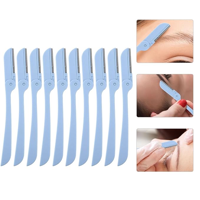 FOMIYES 10Pcs Foldable Stainless Steel Eyebrow Razors for Women, Portable Facial Hair Removal Trimmer with Plastic Handle, Blue