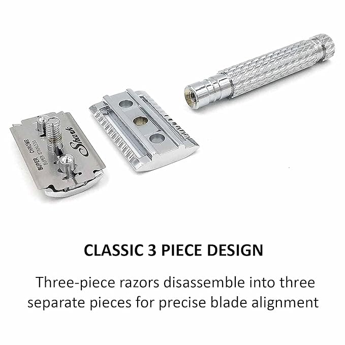 Parker 94R “Hefty” Double-Edge Safety Razor with Standard-Length Handle + 5 Premium Blades – Chrome-Plated Brass, Three-Piece Design, Balanced Weight for Classic Wet Shaving