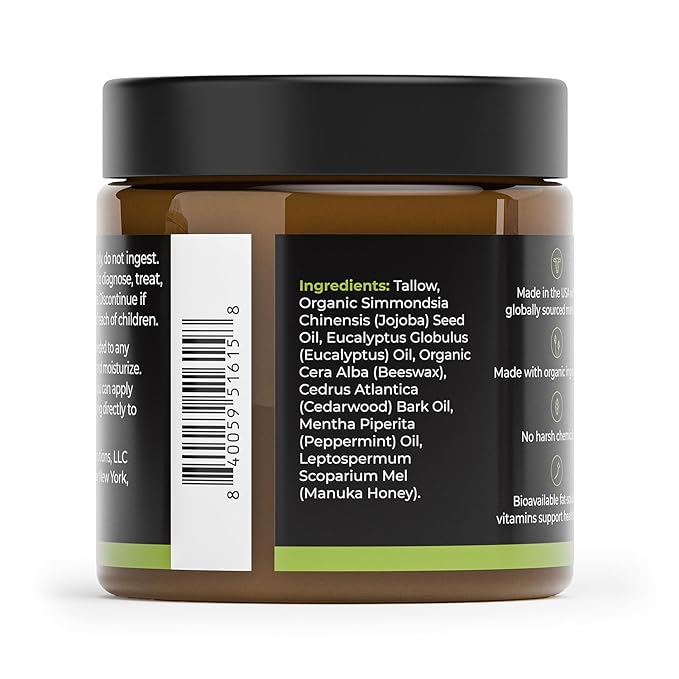 Healing Solutions - Whipped Tallow Balm, Eucalyptus, Peppermint & Cedarwood, 100% Grass Fed/Grass Finished Beef Tallow w/Organic Jojoba & Manuka Honey for Skin, Face & Body Moisturizer, Made in USA