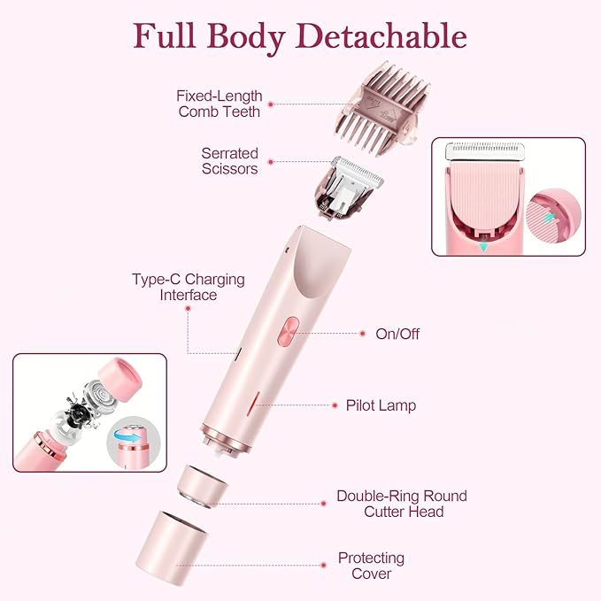 Bikini Trimmer for Women, 2-in-1 Dual Head Shaver Women, IPX7 Waterproof Gentle Electric Razors for Sensitive Areas, Cordless Hair Removal for Shower & Travel, Holiday Gift (Pink)
