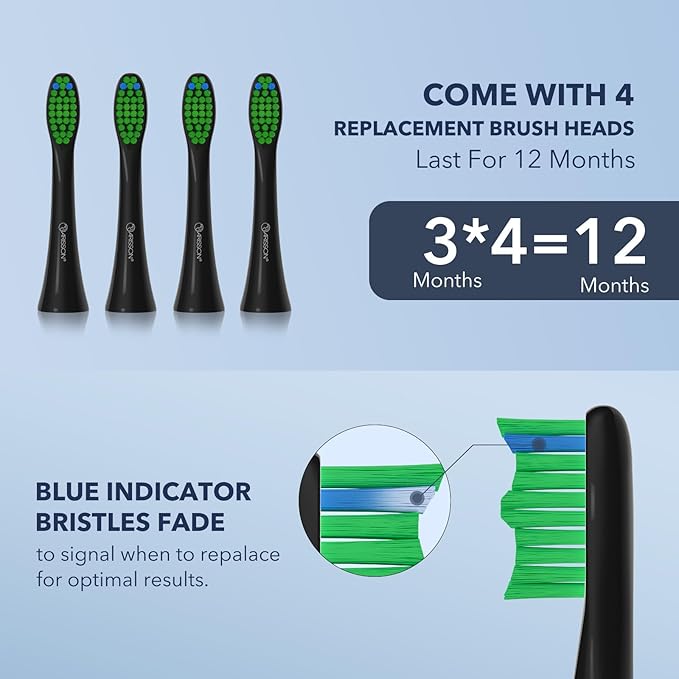 ARISSON Sonic Electric Toothbrush for Adults & Kids, 1.5H Fast Charge for 90 Days, 40,000 VPM Adjustable Clean, 4 Dupont Brush Heads, 1.6 Oz Compact Travel Case & Wall Holder, Black