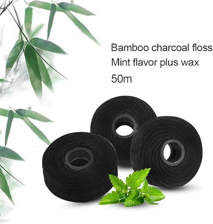 8Pcs/Pack Bamboo Charcoal Dental Flosser Mint Flavor Dental Floss Built-in Spool Flat Wire Replacement Core Dental Floss 50M Each(Comes with a Box for Easy Carrying) (Black)