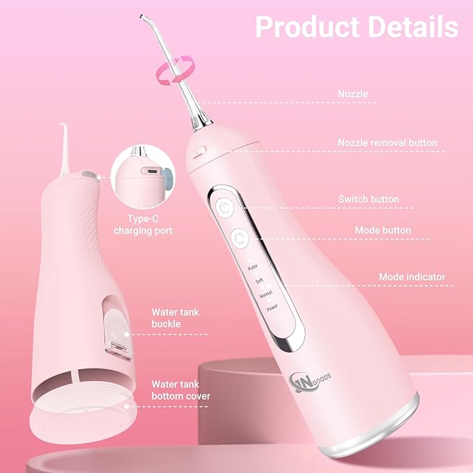 Cordless Water Dental Flosser Oral irrigator,JNGOODS 300ml Rechargeable Water flosser for Teeth IPX7 Waterproof 4 Modes Portable Oral Irrigator with 4 Jet Tips, Travel Home use (Pink)