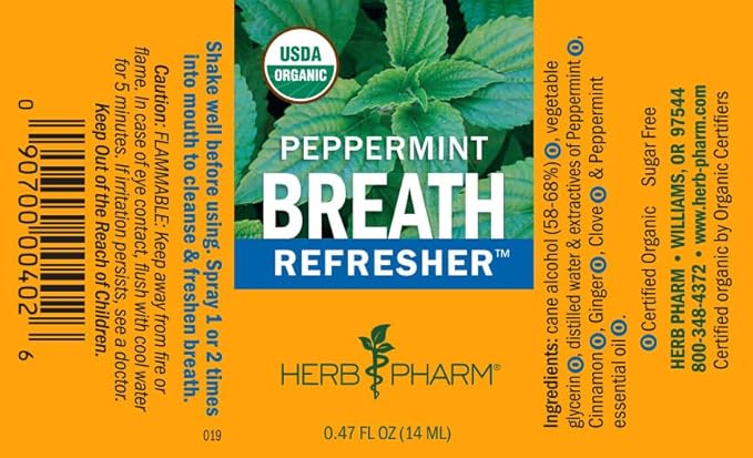 Herb Pharm Breath Refresher Certified Organic Herbal Fresh Breath Spray, Peppermint