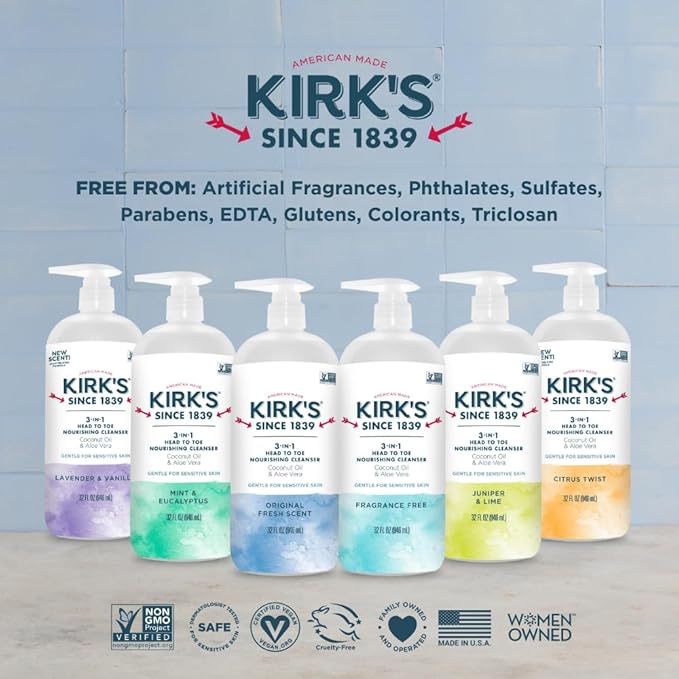 Kirk's 3-in-1 Castile Liquid Soap Travel Size Bar Soap (1.13 oz.) | Head-to-Toe Clean Shampoo, Face Soap & Body Wash for Men, Women & Children | Juniper & Lime Scent | 32 Fl Oz.