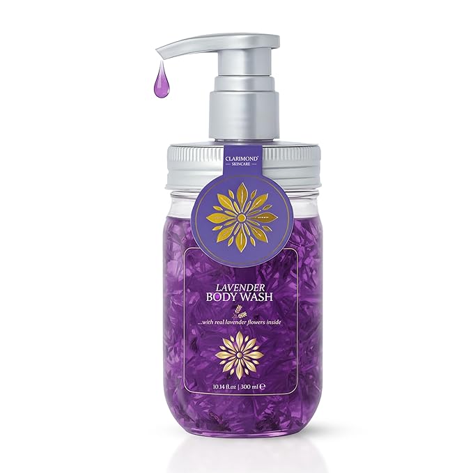 Lavender Body Wash – Sulfate Free Hydrating Shower Gel with Aloe Vera & Real Lavender Petals, Moisturizing Body Wash for Sensitive & Dry Skin, Calming Aromatherapy Cleanser, 10.14 fl oz Pump
