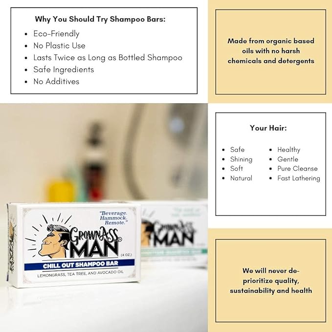 Grown Ass Man Co. - Solid Shampoo Bar Rich Lather 3 in 1: Hair, Beard & Body Wash - Plastic Free & Eco-Friendly, Natural & Organic Clean for All Hair Types, 4oz Bar (Last Call, 6-Pack)