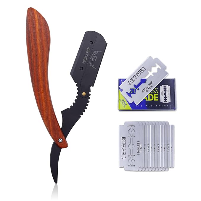 Straight Edge Barber Razor - Professional Stainless Steel Shaver with Shaving Strop for Men's Home & Salon Grooming (Black)