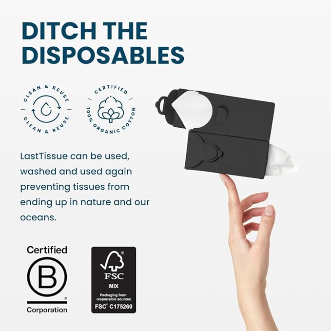 LastTissue® Reusable Cotton Tissue Pack | Face Towels & Handkerchiefs for Men & Women – Washable, Sustainable Facial Tissue with Storage Case - Black
