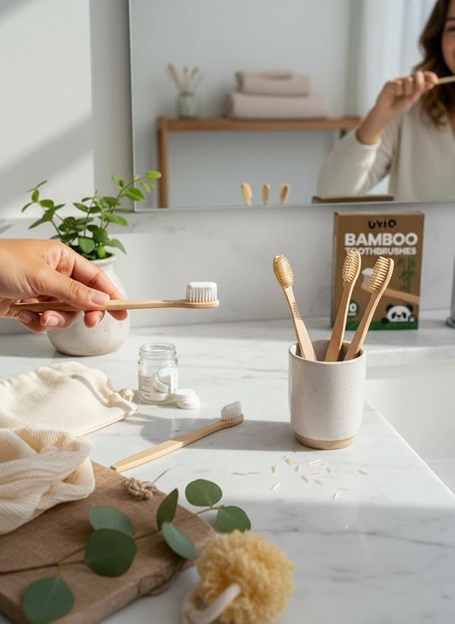 Bamboo Toothbrushes - 10 Pack Medium Adult Toothbrush Biodegradable Manual Toothbrushes Soft Bristle Natural Bamboo Tooth Brush Dental Eco Wood Toothbrush (Multicolour)