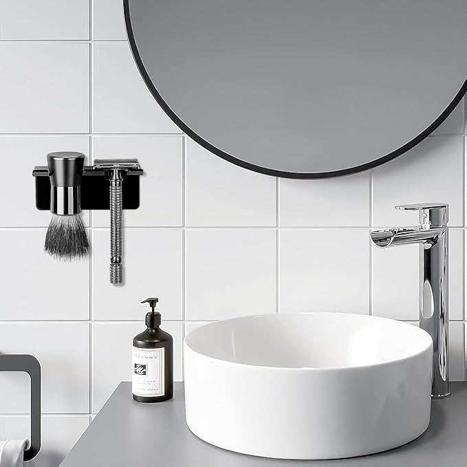 LUEXBOX 2 Pack Safety Razor Holder for Shower Wall, Self Adhesive Razor and Brush Stand for Bathroom, Shaving Brush Stand Compatible with Fusion 5 Proglide, Mach 3 Classic(Black Clear)