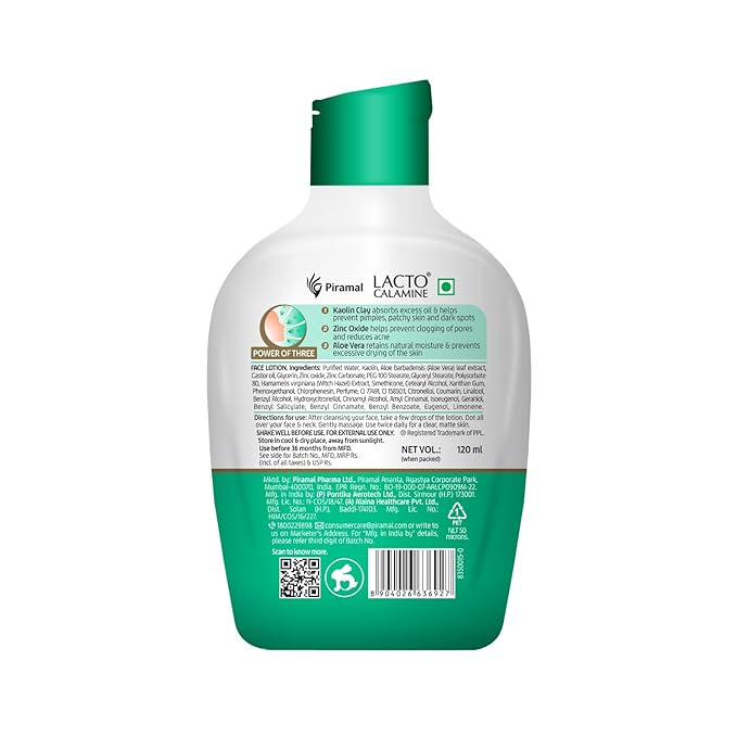 Lacto Calamine Face Moisturizing Lotion for Normal to Combination Skin | Excess Oil Absorbing & Pore Refining Moisturizer | Mattifying & Non Greasy | 4.06 Fl Oz/120ml