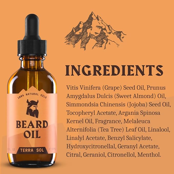 Striking Viking Beard Oil for Men - Naturally Derived Conditioner with Almond, Tea Tree, Argan & Jojoba Oil for Beard Growth, Softening & Moisturizing (2 Fl Oz (Pack of 1), Terra Sol)