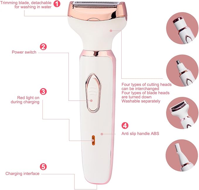 4-IN-1 Women's Electric Hair Remover Rechargeable Body Hair Removal Tool Set Nose Hair Lip Hair Eyebrow Trimmer Face Body Hair Grooming Set for Women