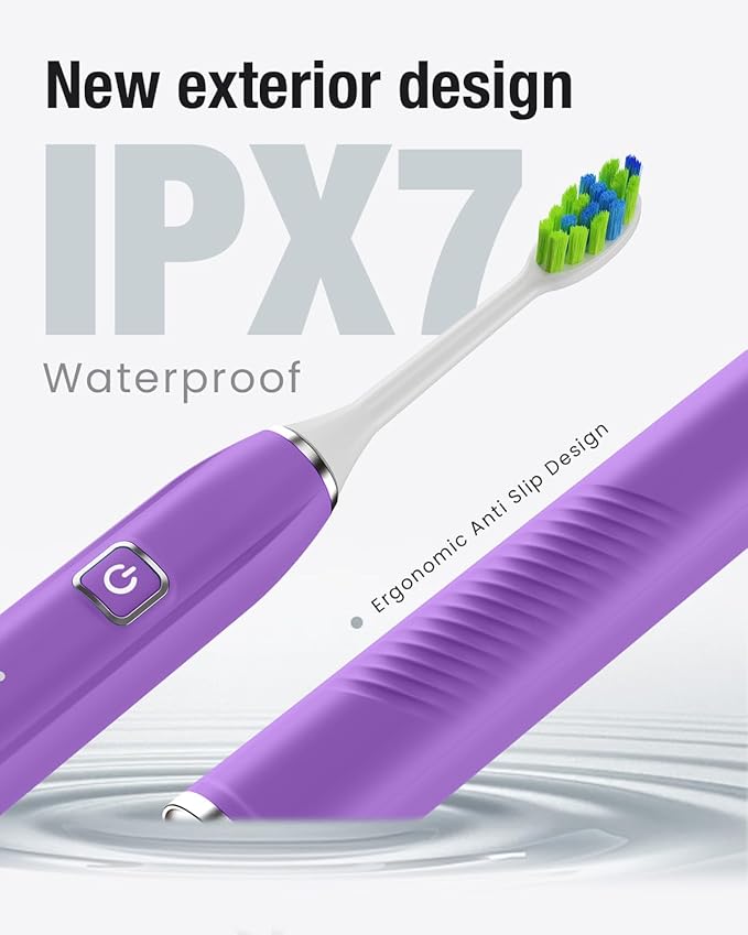 7AM2M Ultrasonic Electric Toothbrush with 6 Brush Heads for Adults&Kids, Type C Rehargeable, One Charge for 120 Days, 5 Modes&40000VPM Powered Toothbrush, 2 Minutes Built in Smart Timer (Purple)