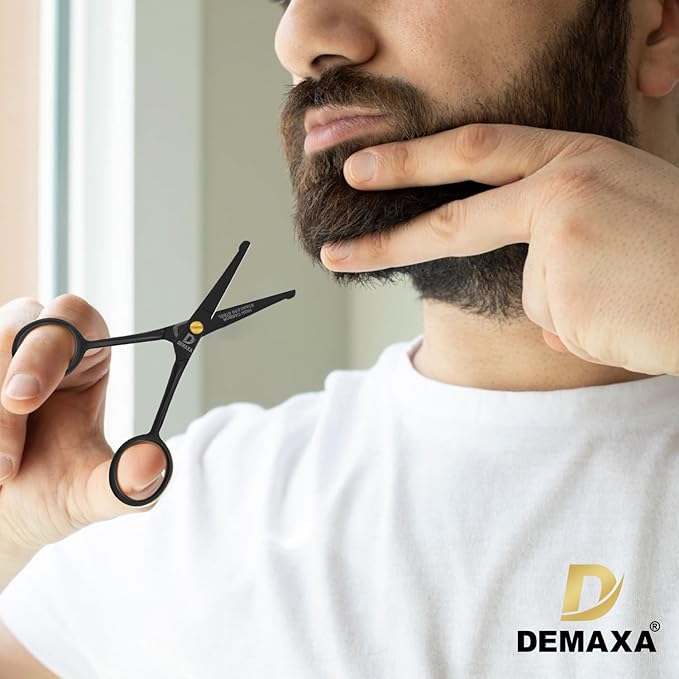 4.5" Round Tip Safety Mustache Scissors Beard Scissors with 1 Mustache Comb, 1 Beard Comb & Soft Pouch – Best Facial Hair Shears for Beard Mustache Trimming Nose & Ear Hair