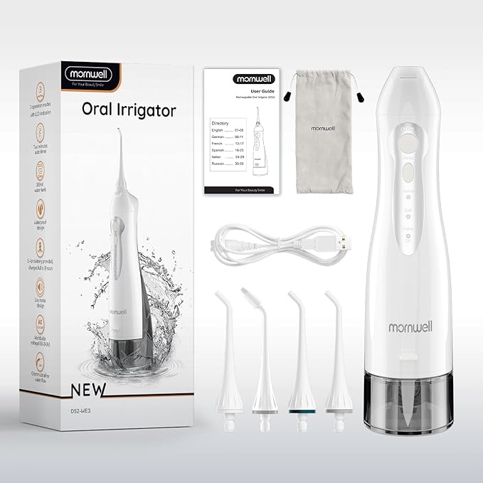 Mornwell Water Flosser Cordless, Water Flossers for Teeth - 300ML Tank and 4 Jet Tips, 3 Modes Portable Dental Oral Irrigator, Braces Care, Rechargeable Waterproof Portable Water Flosser