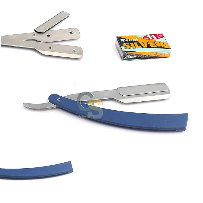 G.S MANUAL FOLDING SHAVING KNIFE BEARD CUTTER SHAVER STRAIGHT EDGE BARBER RAZOR BLUE UP TO 22 BLADES (SET OF 11 BLADES)