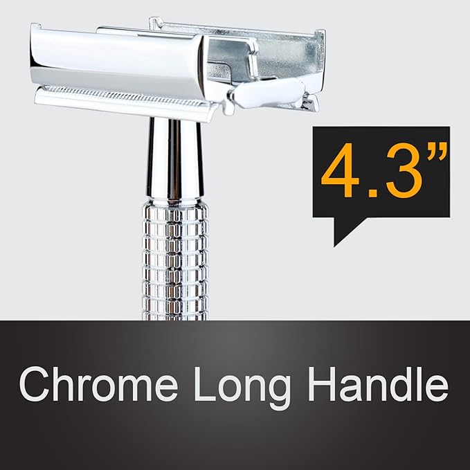 WEISHI Butterfly Open Double Edge Safety Razor for Men, Chrome Long Handle with 5 Stainless Razor Blades Included, Reusable Wet Shave Tool for Smooth, Close Shave