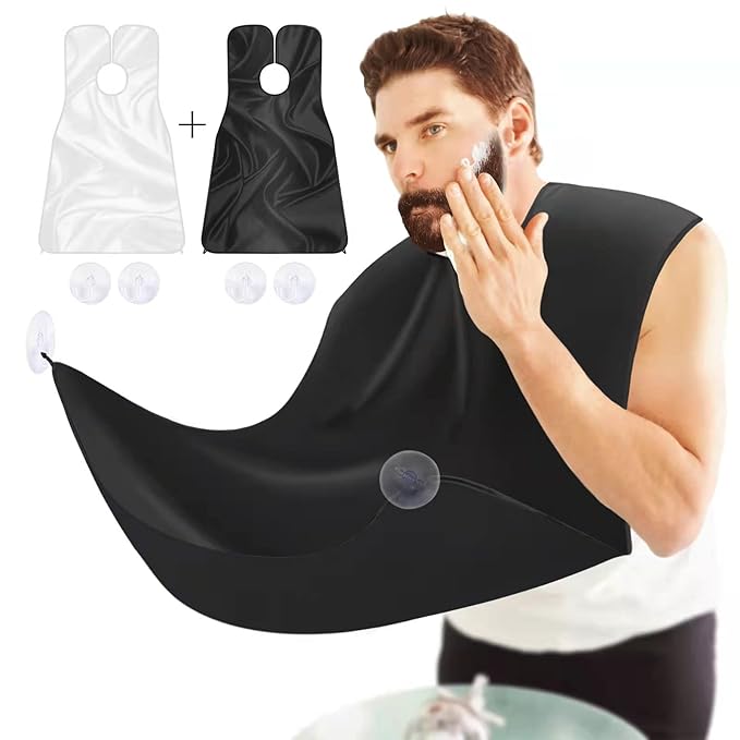 2 Pcs Beard Bib, Bead Bib for Shaving, Beard Apron, Waterproof Shaving Cloth Kit Non-Stick Beard Cape, Beard Trimming Bib with Strong Suction Cup, A Gift for All Men(Black+White)