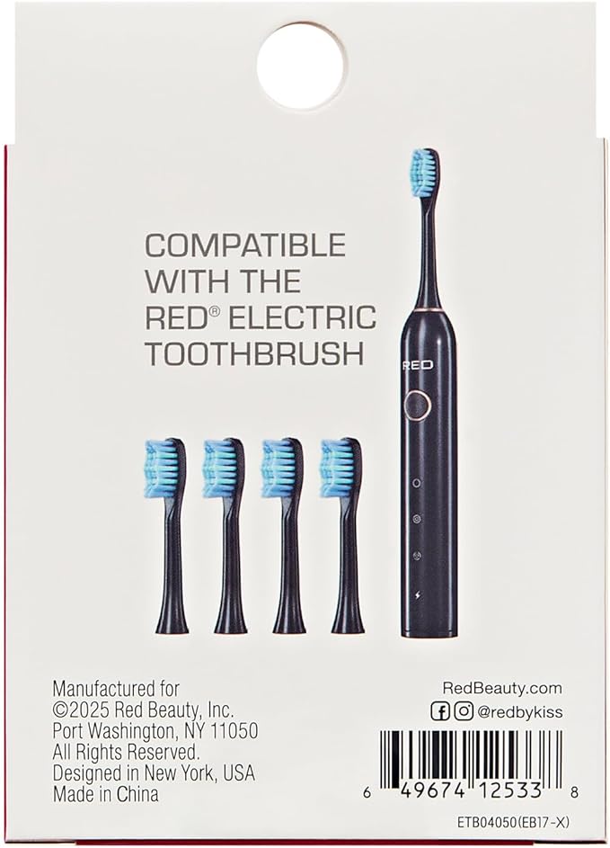 Red by Kiss Hypersonic Ultra Powerful Electric Toothbrush Replacement Brush Heads, Deep Cleaning Gum & Enamel Protection, Soft-Medium Bristles (4 Pack, Black)