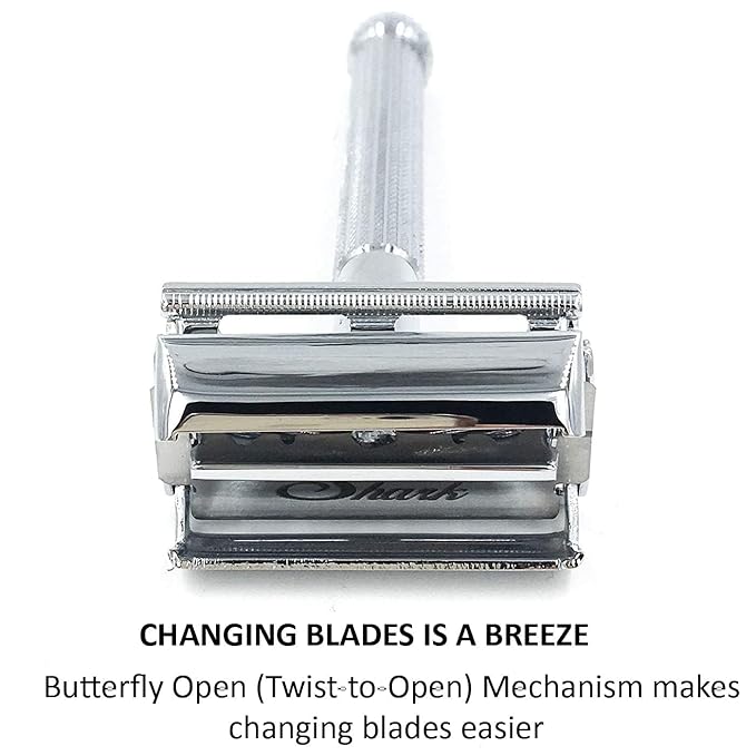 Parker 29L Chrome, Long Handle Butterfly Open Double Edge Safety Razor for Men & Women, 5 Parker Premium Platinum Double Edge Razor Blades Included
