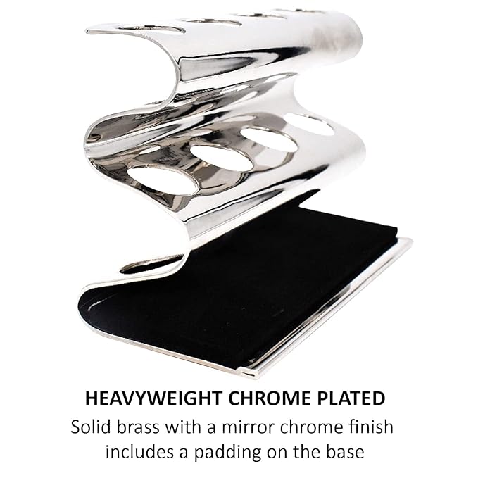 Parker Double Edge Razor Stand - Solid Brass with Mirror Chrome Finish -Holds 4 Razors - Parker Stand with Padded Base - Excellent Storage for Long Handled Double Edge Safety Razors
