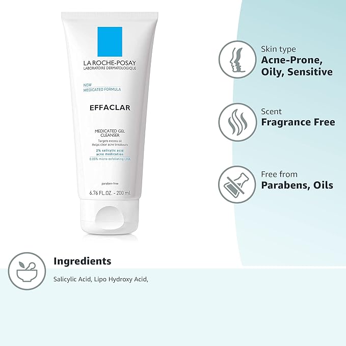 La Roche-Posay Effaclar Medicated Gel Cleanser,2% Salicylic Acid Cleanser + LHA + Glycerin,Foaming Acne Face Wash,Helps Clear & Prevent Acne Breakouts,Oil Free,Targets Excess Oil,(Pack of 2)