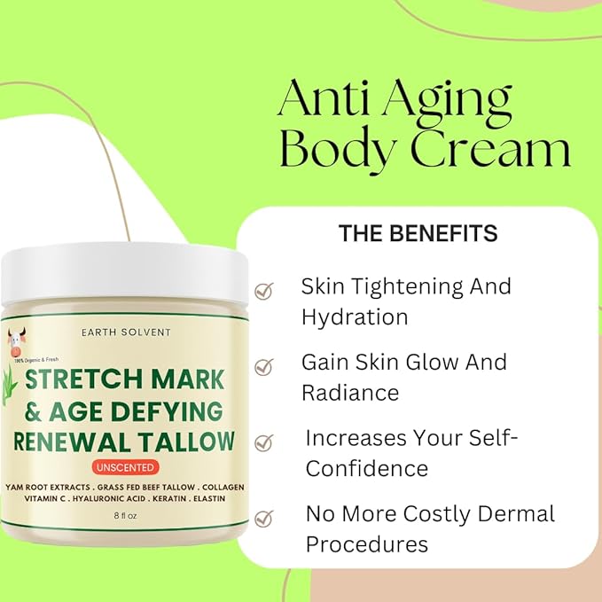 Grass Fed Beef Tallow Body Cream, Whipped Tallow Cream Hydrating Moisturizer for Sensitive Skin, Anti-aging Stretch Mark Cream For Men & Women 8 Fl Oz (8 fl oz, Warm Scent)