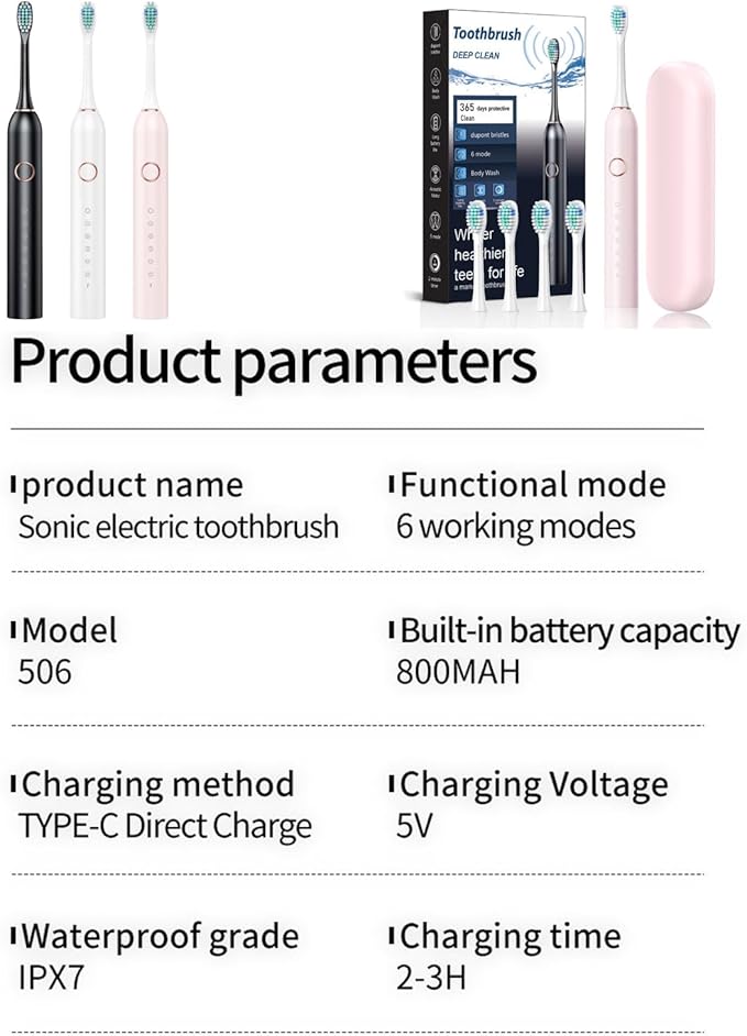 Electric Tootbrush for Adults, 6 Cleaning Modes Sonic Toothbrush with 4 Brush Heads, 45000 VPM, IPX7 Waterproof Rechargeable Toothbrushes Built-in 800mah Battery (Black+4 Brush Heads)