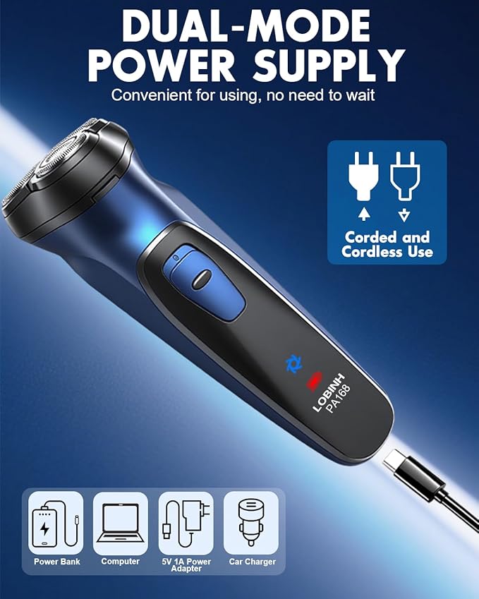 Electric Razor for Men with Pop-up Trimmer, 3D Floating Cordless Electric Shaver, Rechargeable Cordless Shavers for Men, Type-C, Long Runtime, Plug & Play, Blue