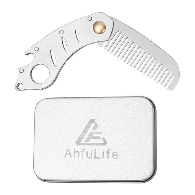 AhfuLife Stainless Steel Metal Hair & Beard Comb, Multifunctional Folding EDC Pocket Comb With Bottle Opener Fits In Keychain - Anti-Static Hair & Beard Care Comb Mustache Comb - Presented in Gift Box