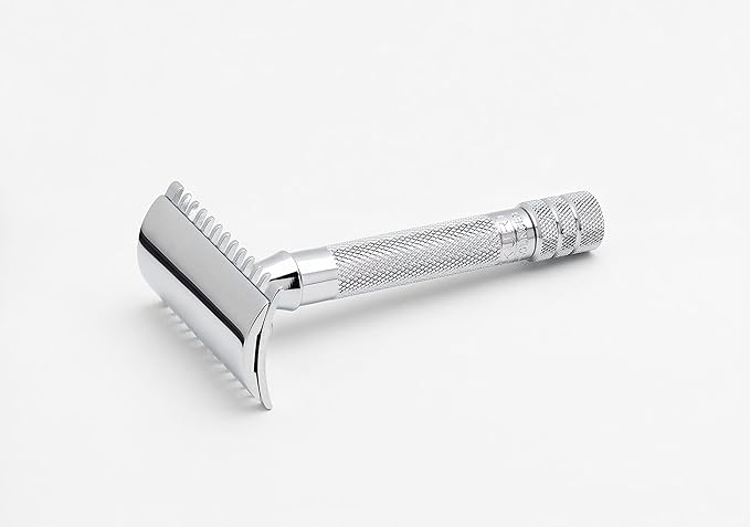 MERKUR 15C Double Edge Safety Razor in Bright Chrome with an Open Comb Design, Standard Handle, Made in Germany, Plastic-Free, Three-Piece Design, and Straight Bar